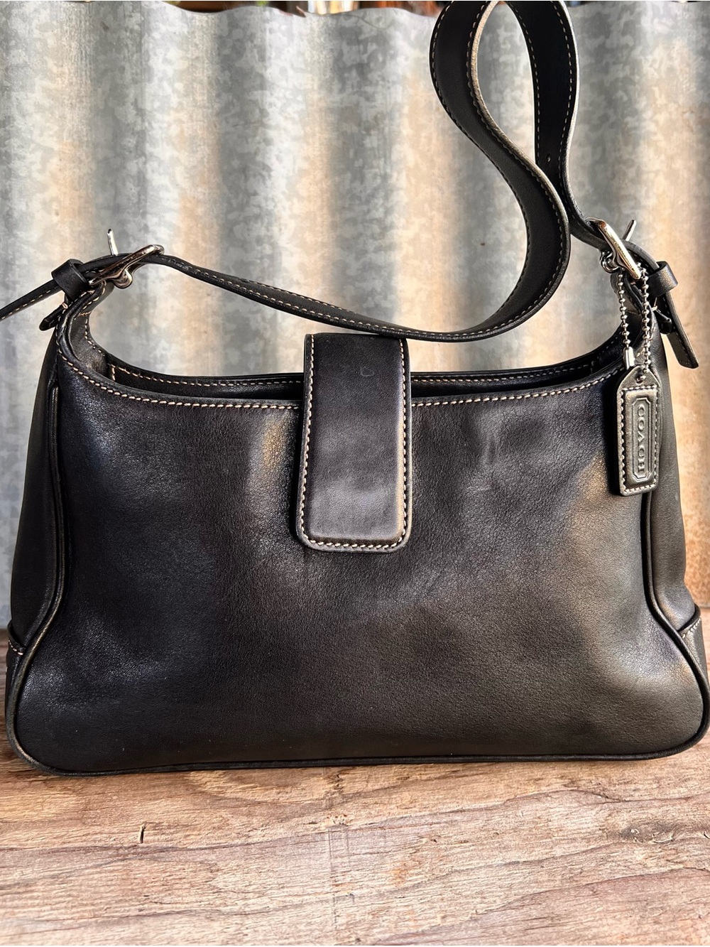 COACH Black Leather Shoulder Bag with Contrast Stitching